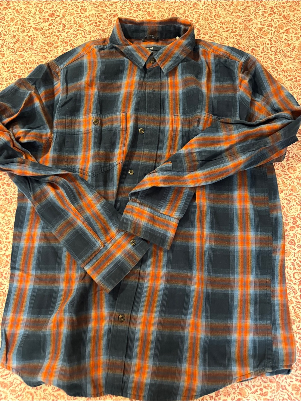 Prana Men's Blue and Orange Plaid Button-Down Shirt